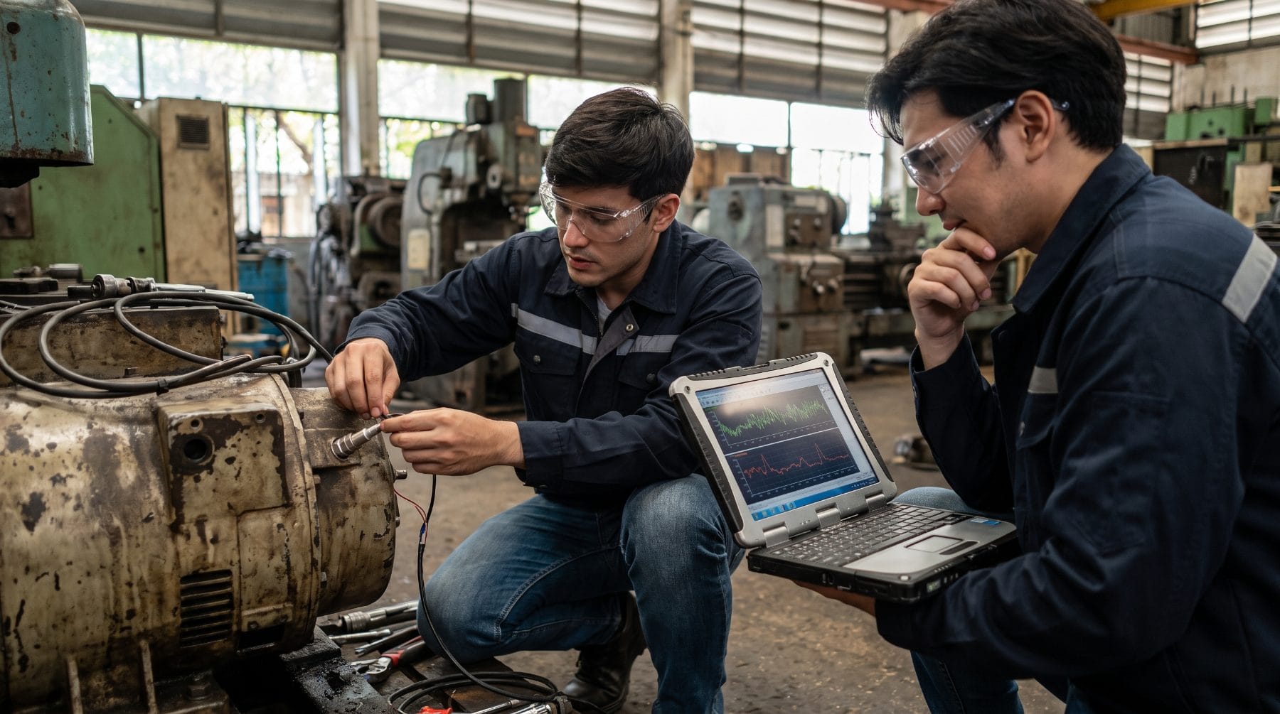 Engineers fitting a sensor to an old machine